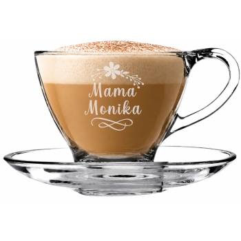 Szklana filiżanka ze spodkiem z Grawerem Logo 200ml dla Mamy Matki Urodziny