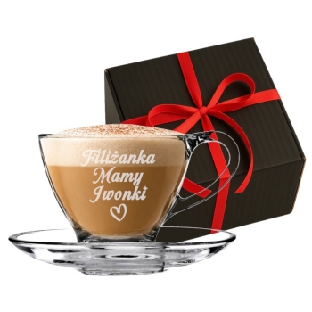 Szklana filiżanka ze spodkiem Grawer Logo 200ml Niej Matki Prezent dla Mamy