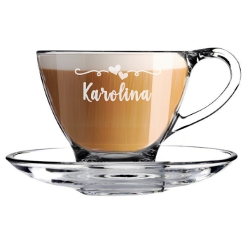 Szklana filiżanka ze spodkiem z Grawerem Logo 200ml Dzień Kobiet Walentynki