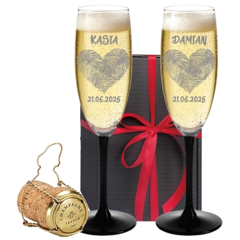 Kieliszki do szampana z czarną nóżką GRAWER Para Młoda panieński PREZENT