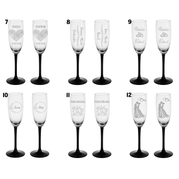 Grawerowane kieliszki do szampana z czarną nóżką Ślub Wesele Rocznica Logo