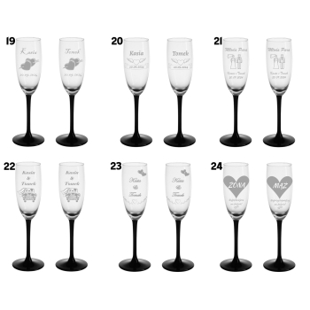 Grawerowane kieliszki do szampana z czarną nóżką Ślub Wesele Rocznica Logo