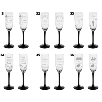Grawerowane kieliszki do szampana z czarną nóżką Ślub Wesele Rocznica Logo