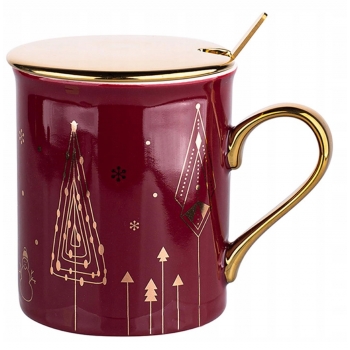 Kubek 240ml Z Pokrywką I Łyżeczką Tree Gift Bordo