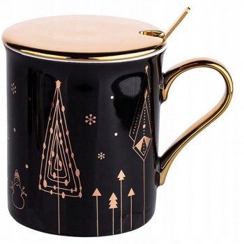 Kubek 240ml Z Pokrywką I Łyżeczką Tree Gift Czarny
