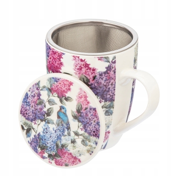 Kubek porcelanowy z zaparzaczem i pokrywką Bez Kwiaty 340ml