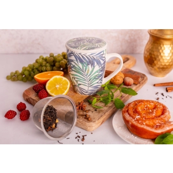 Kubek porcelanowy z zaparzaczem i pokrywką Liście Palmy 340ml