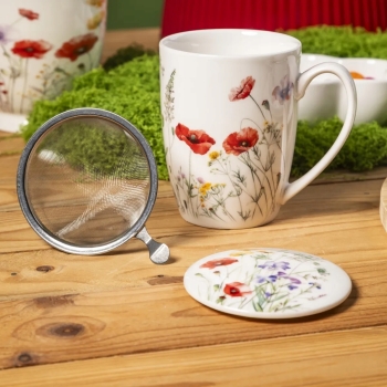 Kubek z zaparzaczem i pokrywką Kwitnąca Polana porcelanowy 350 ml