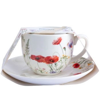Filiżanka ze spodkiem do kawy herbaty porcelanowa Kwitnąca Polana 250 ml