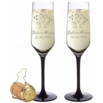 Kieliszki do szampana z Grawerem dla Pary Wesele Czarna Nóżka Różne Wzory