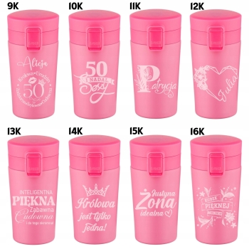 Kubek termiczny z Grawerem do Kawy Różowy Imię Logo Prezent dla Kobiet