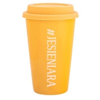 Kubek ceramiczny z grawerem 450 ml żółty z pokrywką Twój napis Imię Prezent