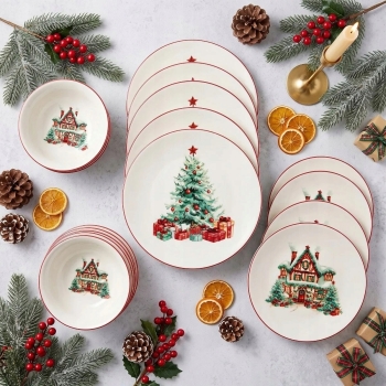 Serwis obiadowy Talerze świąteczne Choinka Domek Holly Dreams 18 szt 6 osób